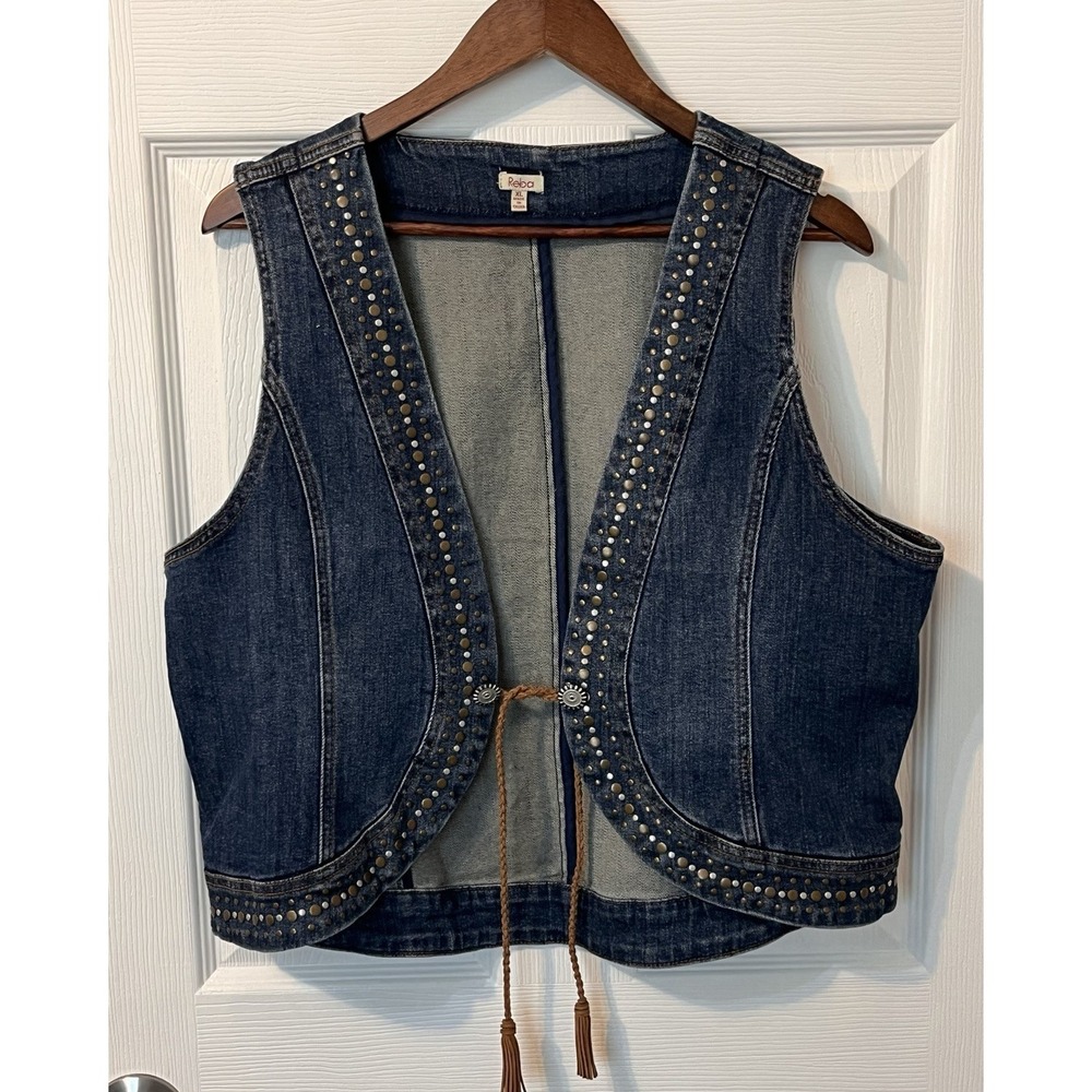 Reba Women's Denim Western Studded Front Tie Vest Cowgirl Size XL